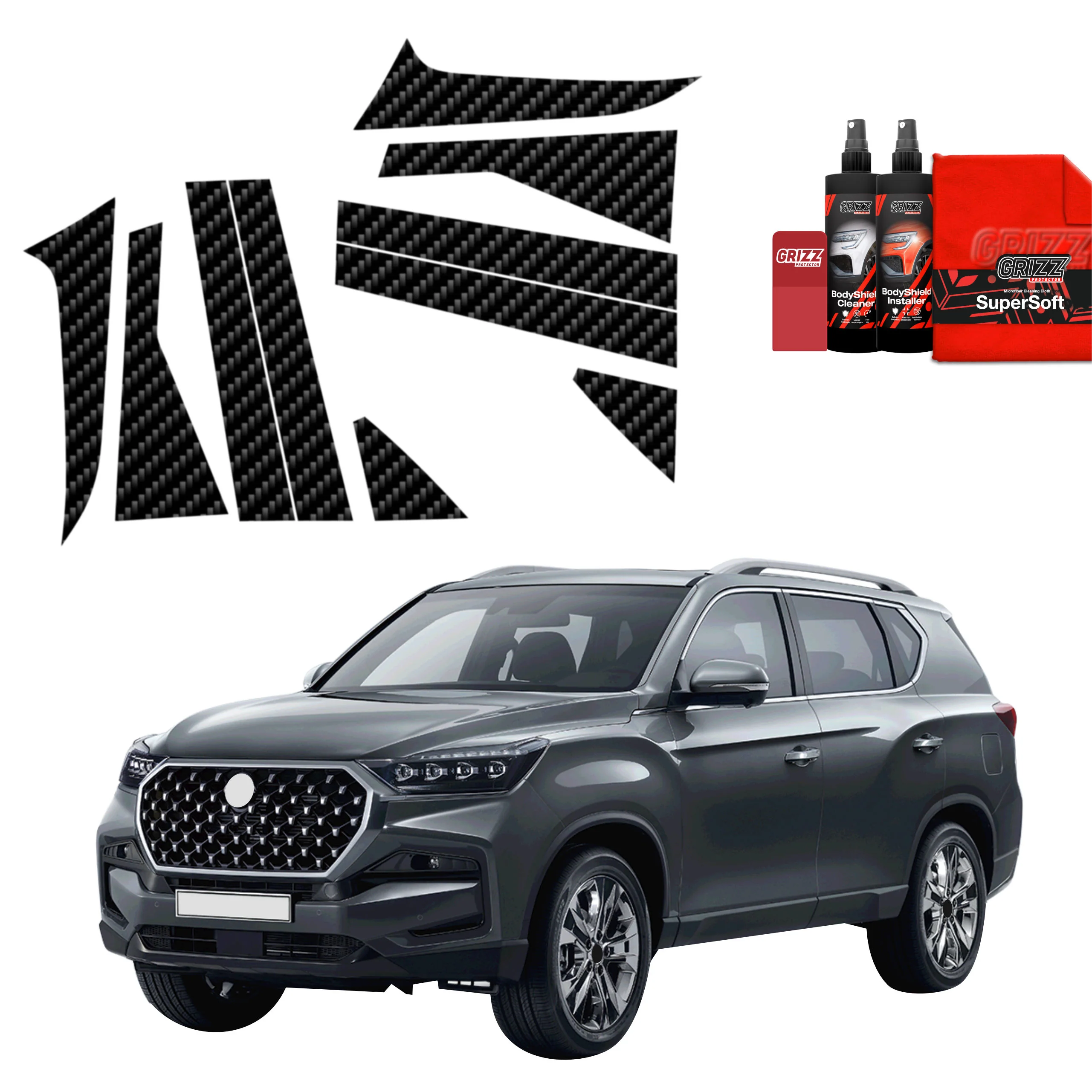10in1 Kohlenstoff Schutzfolie fĂŒr A-B-C-SĂ€ule - SsangYong Rexton (2023-2026)