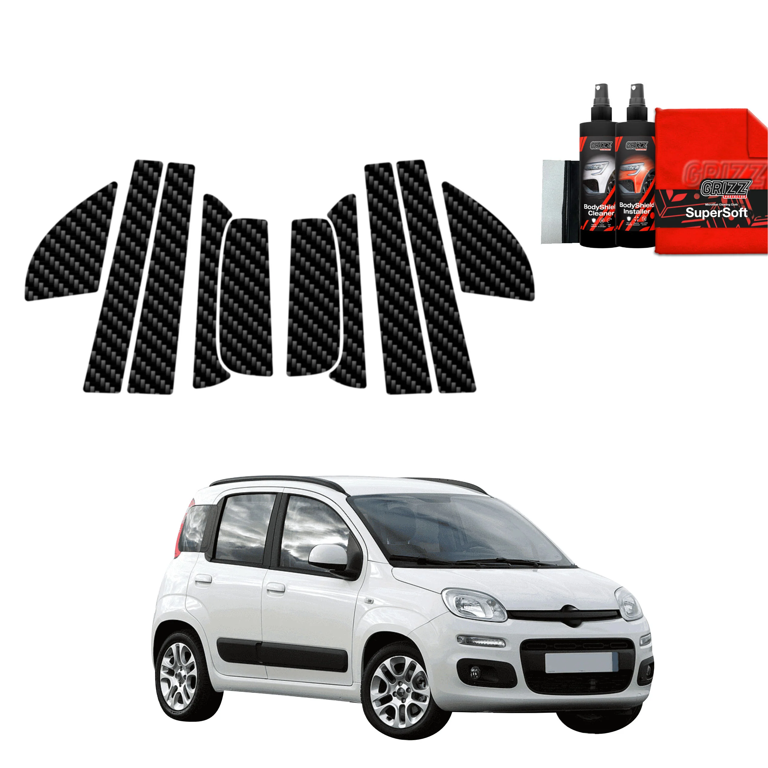 10in1 Kohlenstoff Schutzfolie für A-B-C-Säule - Fiat Panda 3 Hatchback 5D (2011-2016)