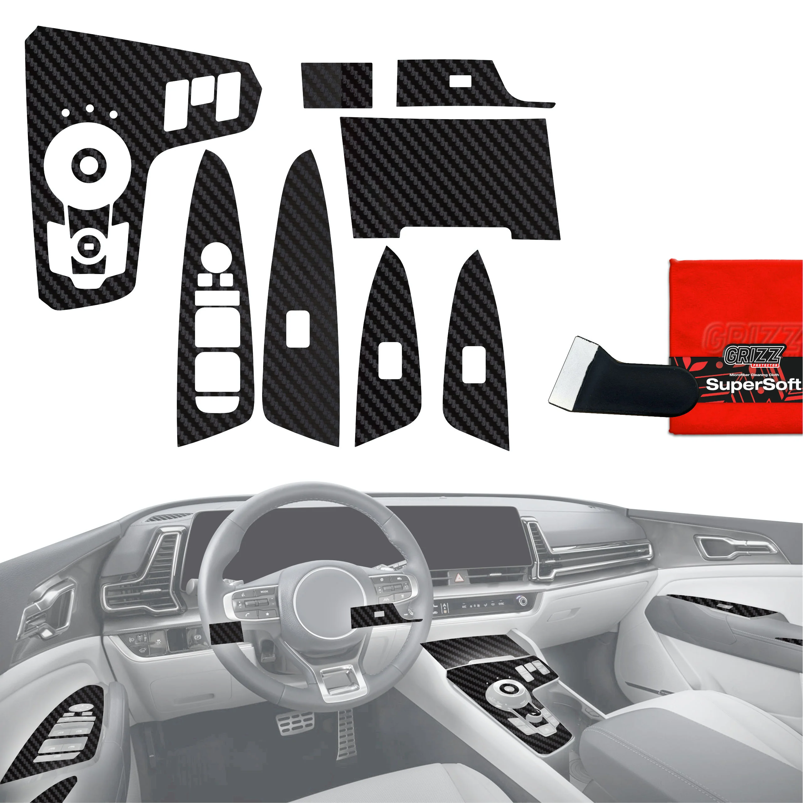 12in1 Schutzfolien für Mittelkonsole & Armaturenbrett - Kia Sportage 5 (2021-2024) Carbon Optik Matt Antifingerprint
