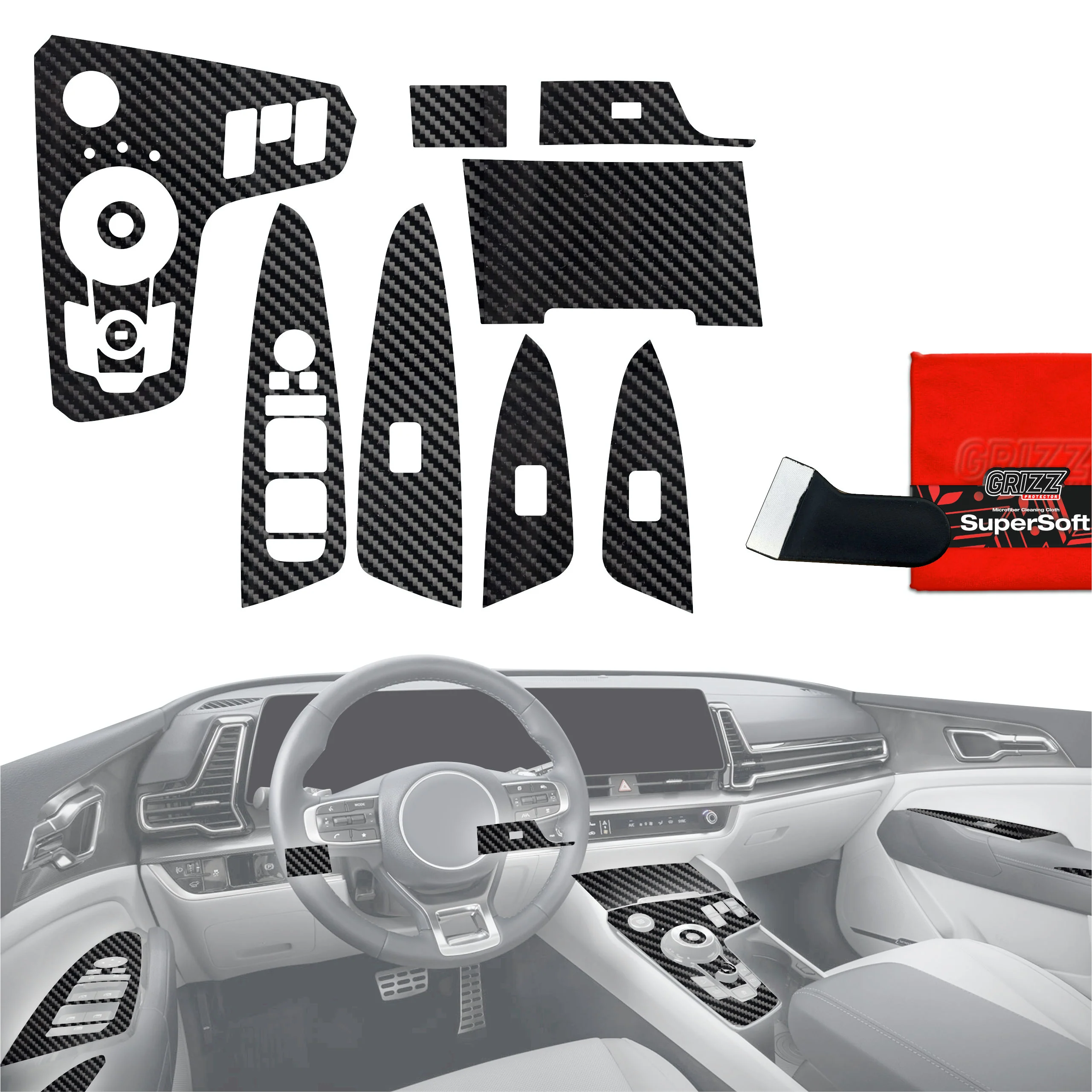 12in1 Schutzfolien für Mittelkonsole & Armaturenbrett - Kia Sportage 5 Keyless (2021-2024) Carbon Optik Glanz