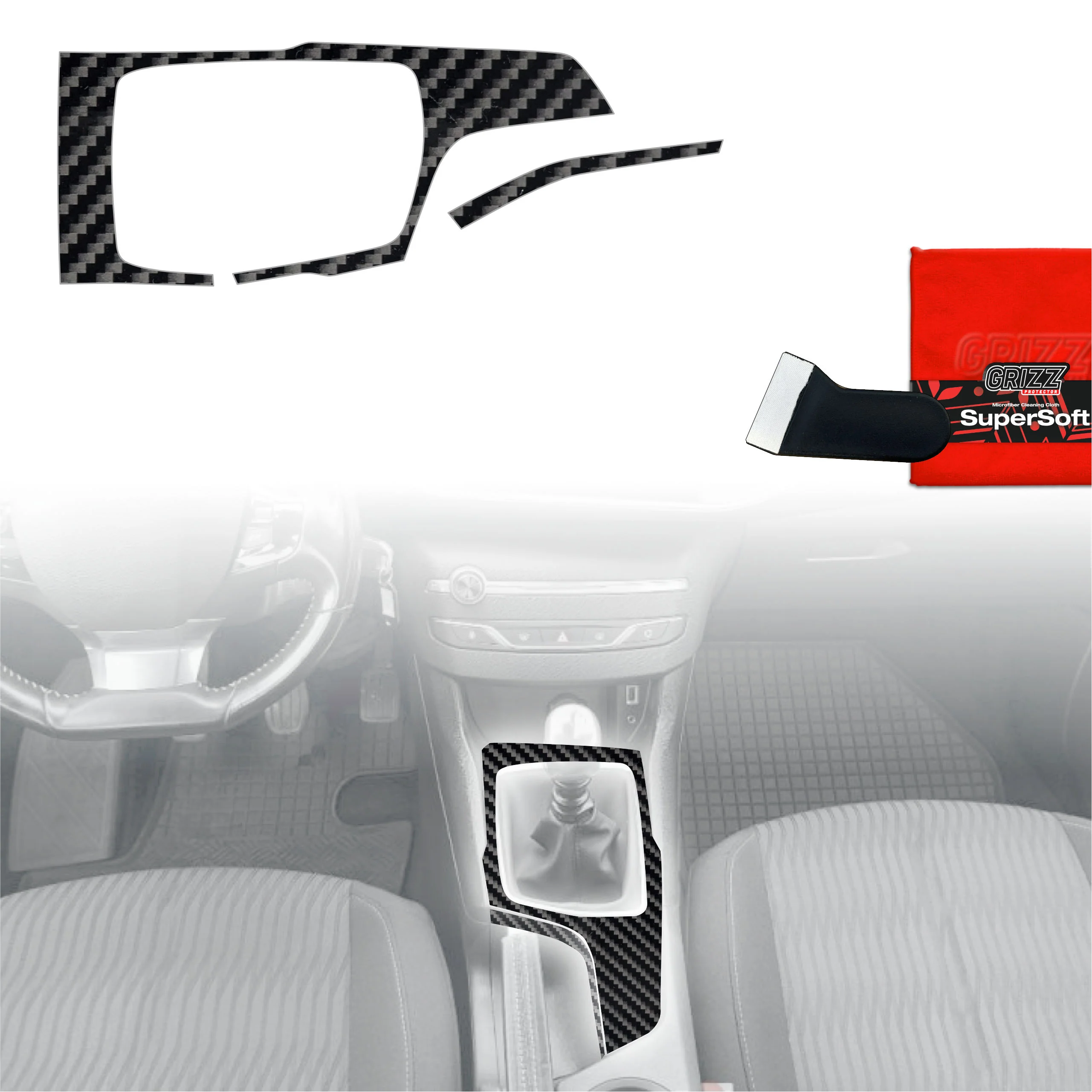 2in1 Schutzfolien für Mittelkonsole - Peugeot 308 Kombi (2013-2021) Carbon Optik Glanz
