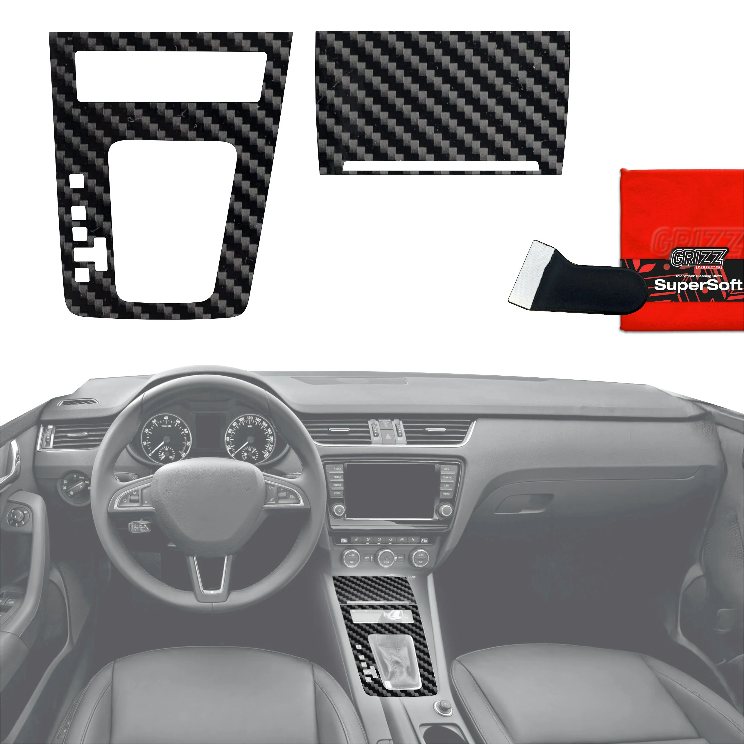 2in1 Schutzfolien für Mittelkonsole - Skoda Octavia 3 DSG (2017-2020) Carbon Optik Glanz
