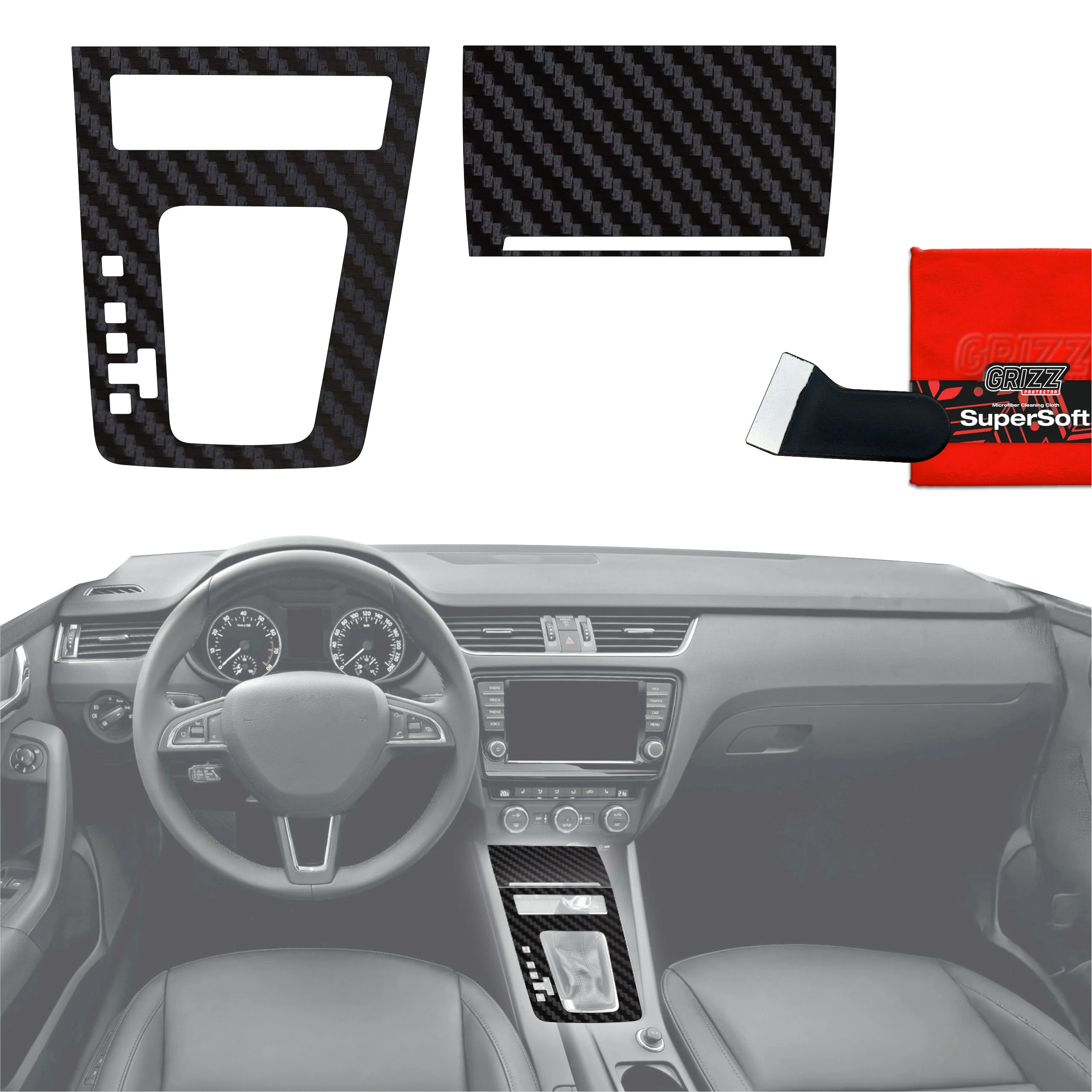 2in1 Schutzfolien für Mittelkonsole - Skoda Octavia 3 DSG (2017-2020) Carbon Optik Matt Antifingerprint