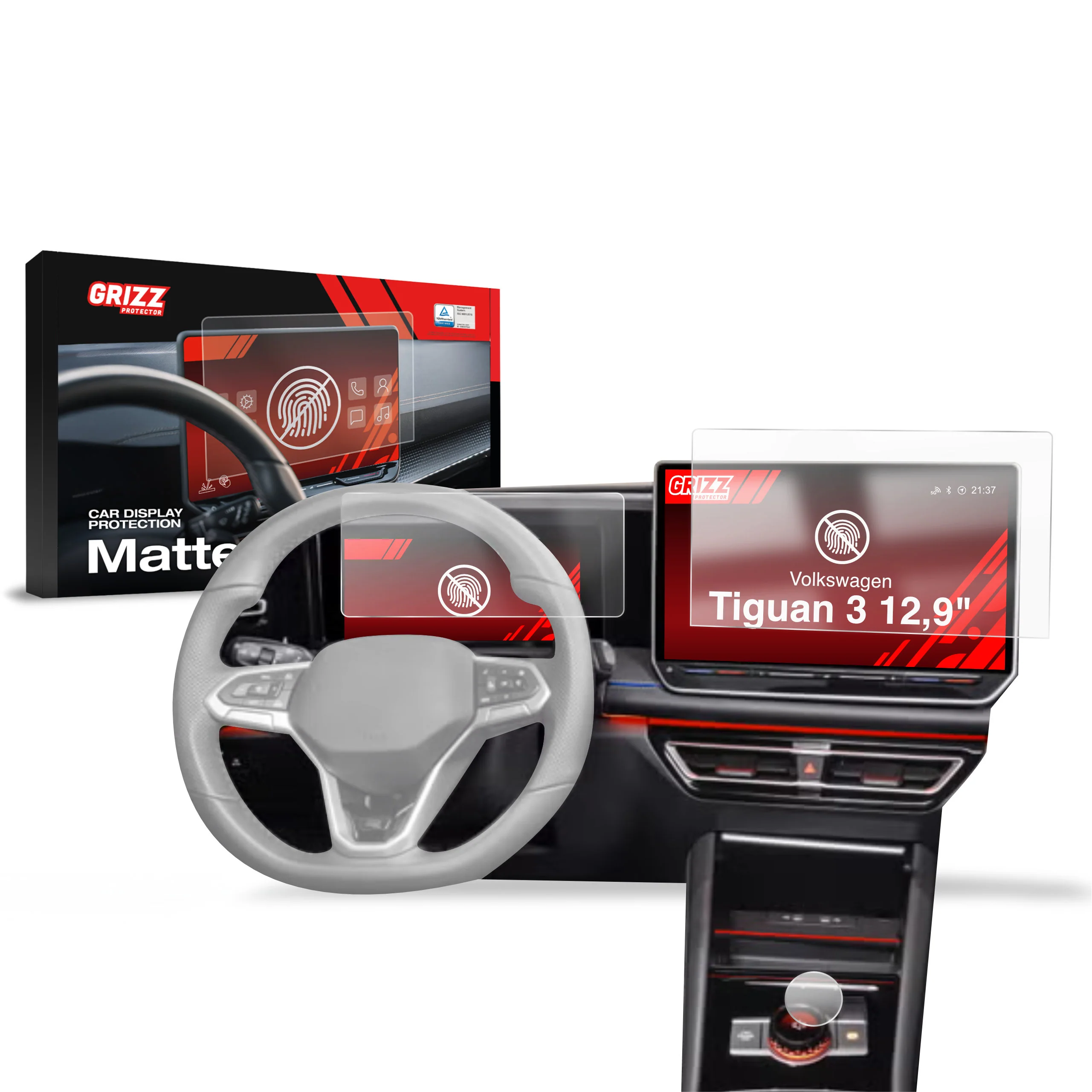 3in1 Displayschutzfolie für Volkswagen VW Tiguan 3 12,9" (2024-2026) Anti-Fingerprint, Matt