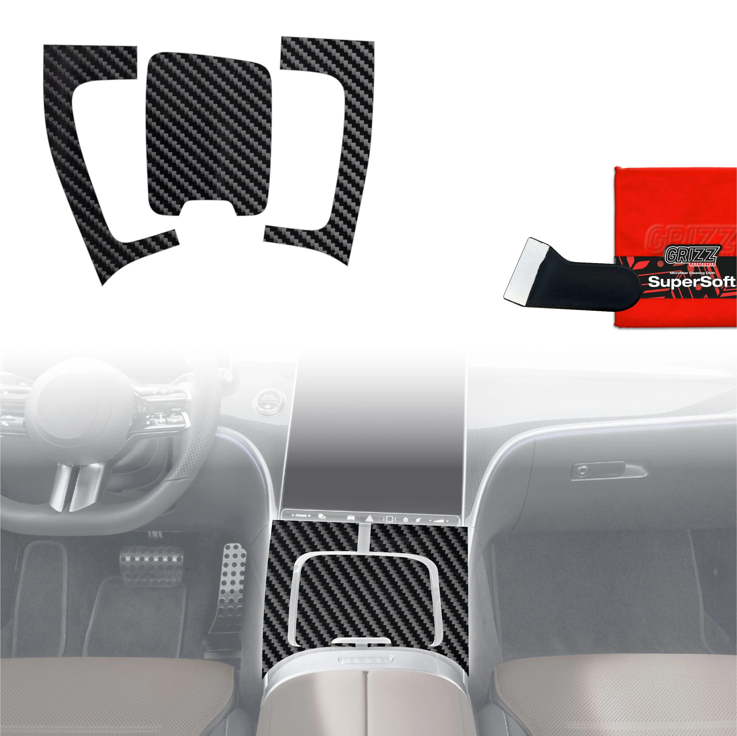 3in1 Schutzfolien für Mittelkonsole - Mercedes C Klasa W206 (2021-2026) Carbon Optik Glanz
