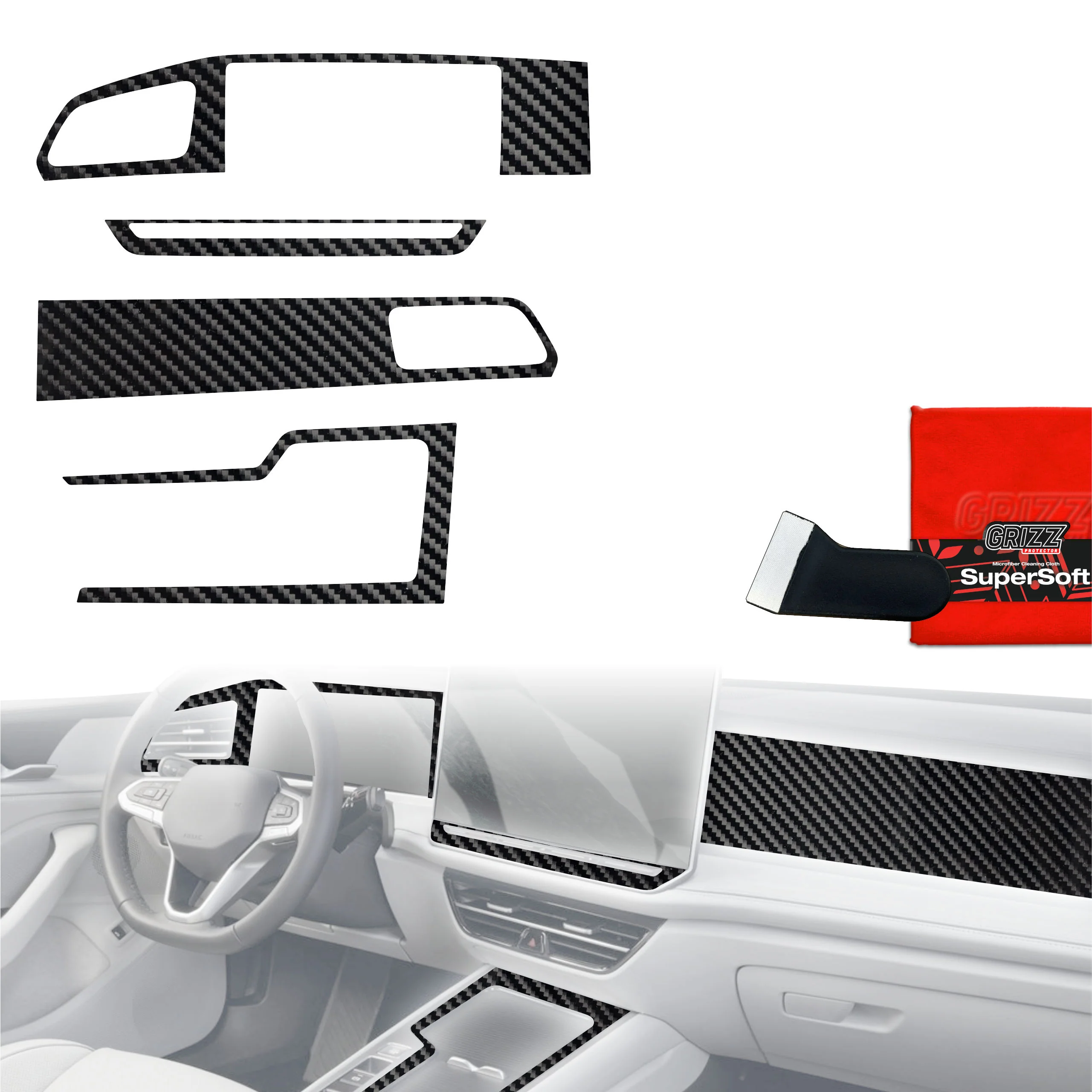 4in1 Schutzfolien für Mittelkonsole & Armaturenbrett - Volkswagen Passat B9 12,9" (2024-2026) Carbon Optik Glanz