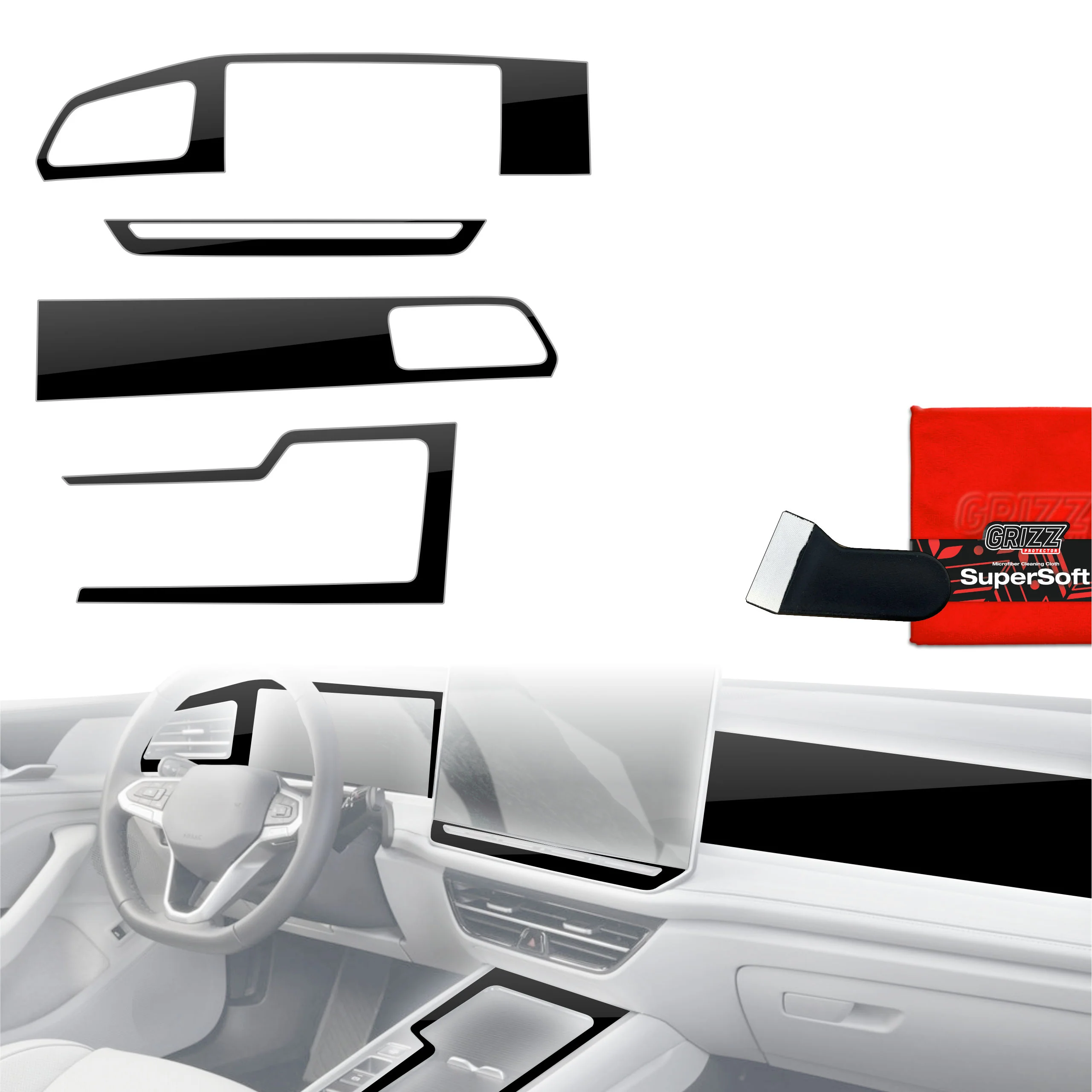 4in1 Schutzfolien für Mittelkonsole & Armaturenbrett - Volkswagen Passat B9 12,9" (2024-2026) Schwarz Glanz