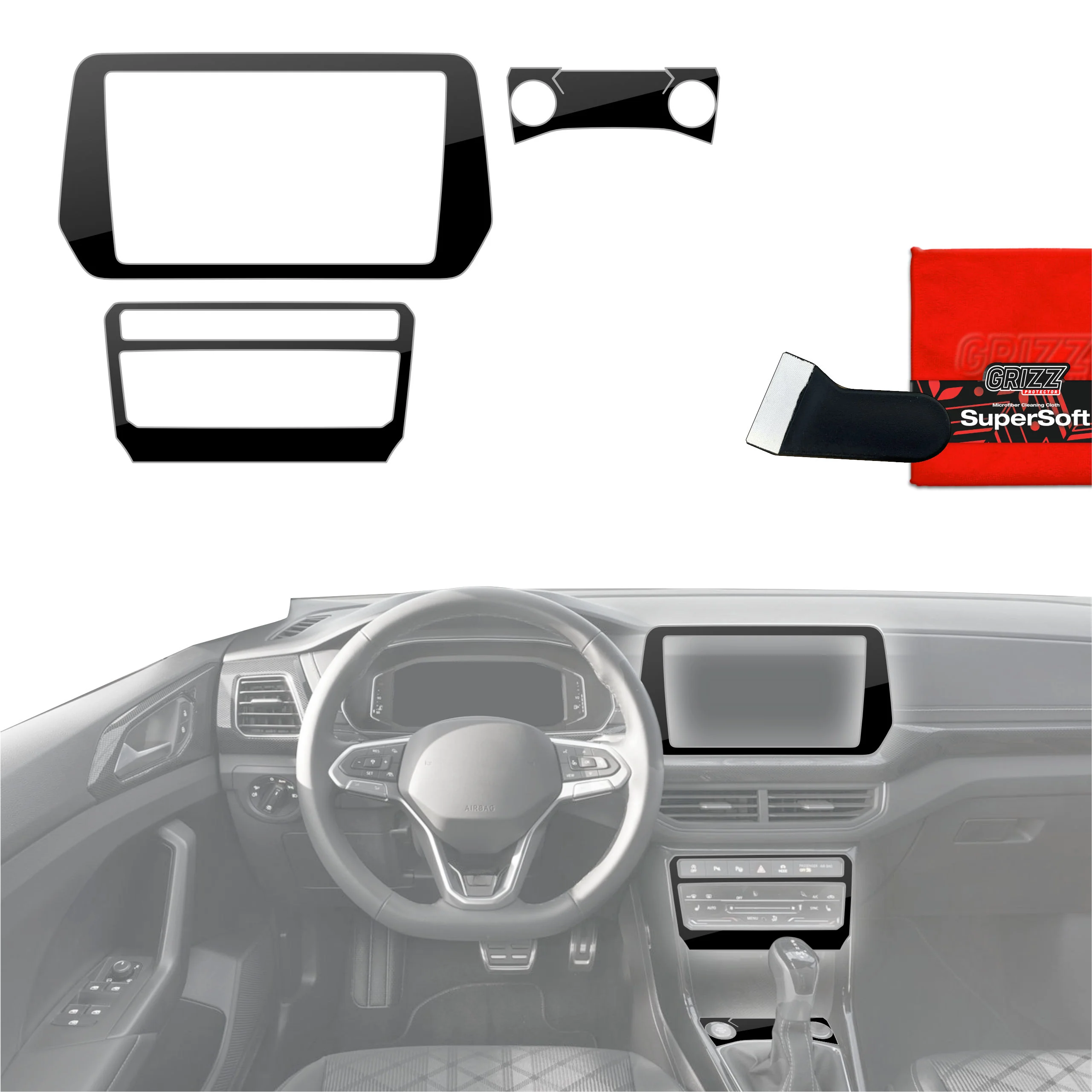 4in1 Schutzfolien für Mittelkonsole & Armaturenbrett - Volkswagen T-Cross (2025-2026) Schwarz Glanz