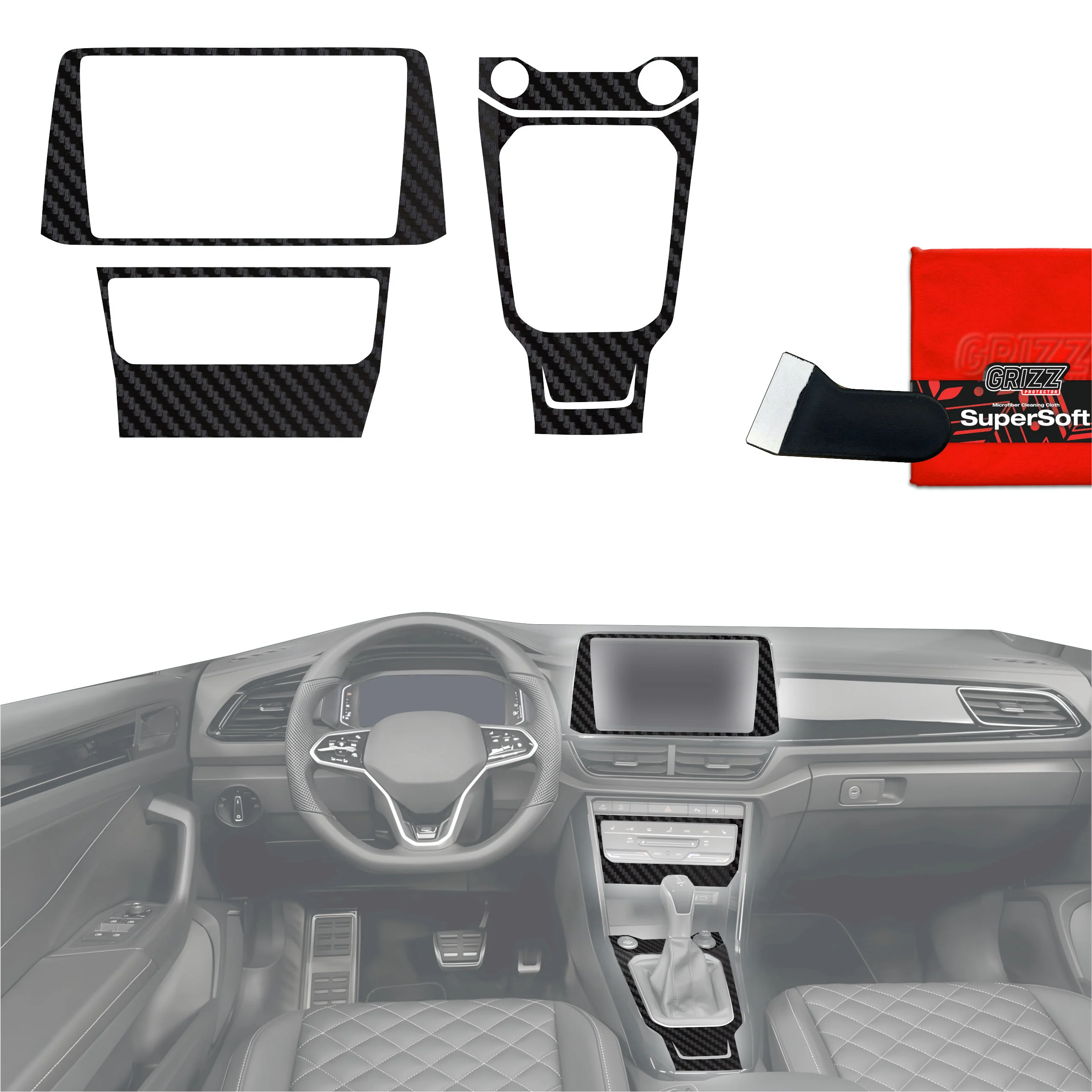 4in1 Schutzfolien für Mittelkonsole & Armaturenbrett - Volkswagen T-Roc R-Line (2025-2026) Carbon Optik Matt Antifingerprint
