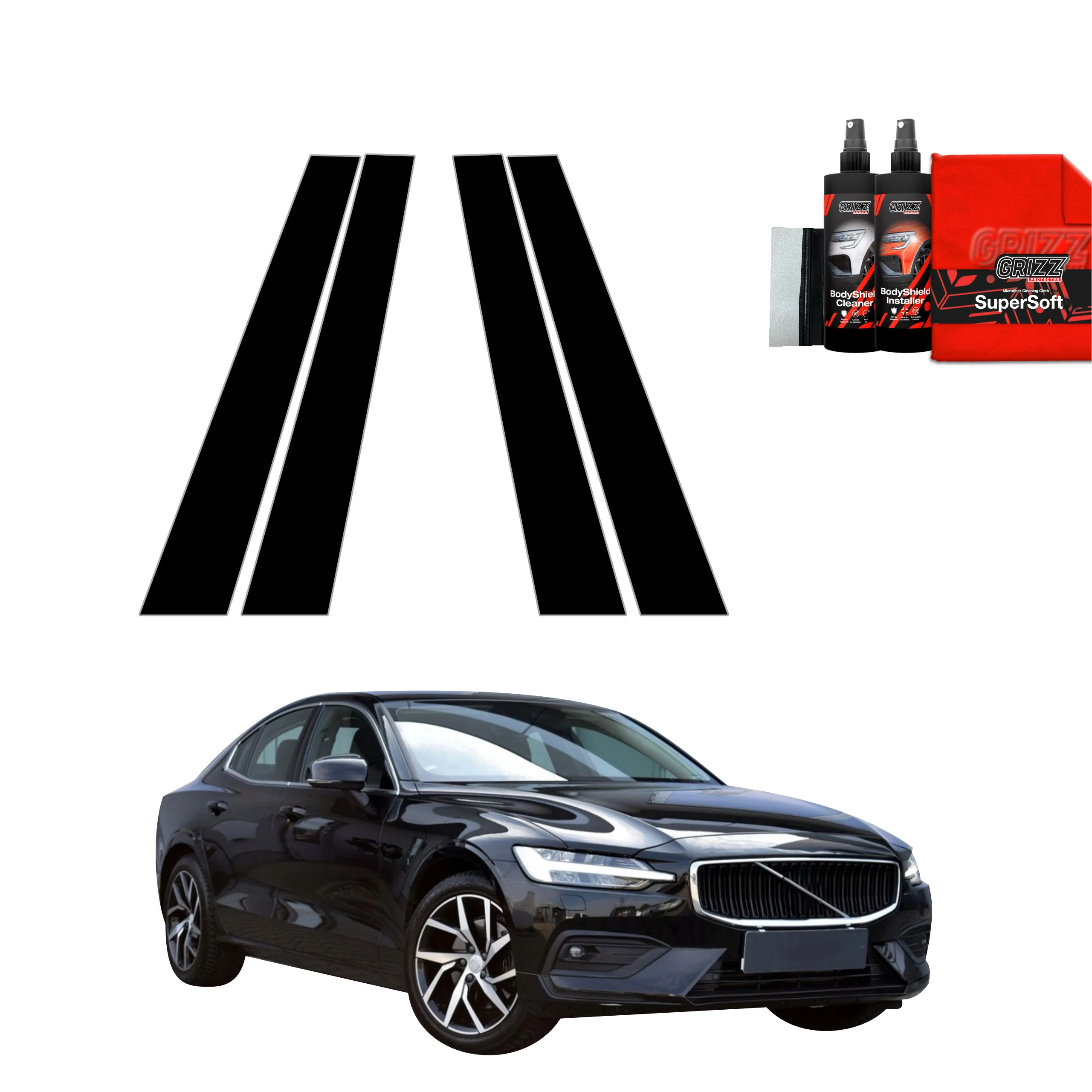 4in1 Schwarze Schutzfolie fĂŒr B-SĂ€ule - Volvo S60 3 Sedan 4D (2019-2024)