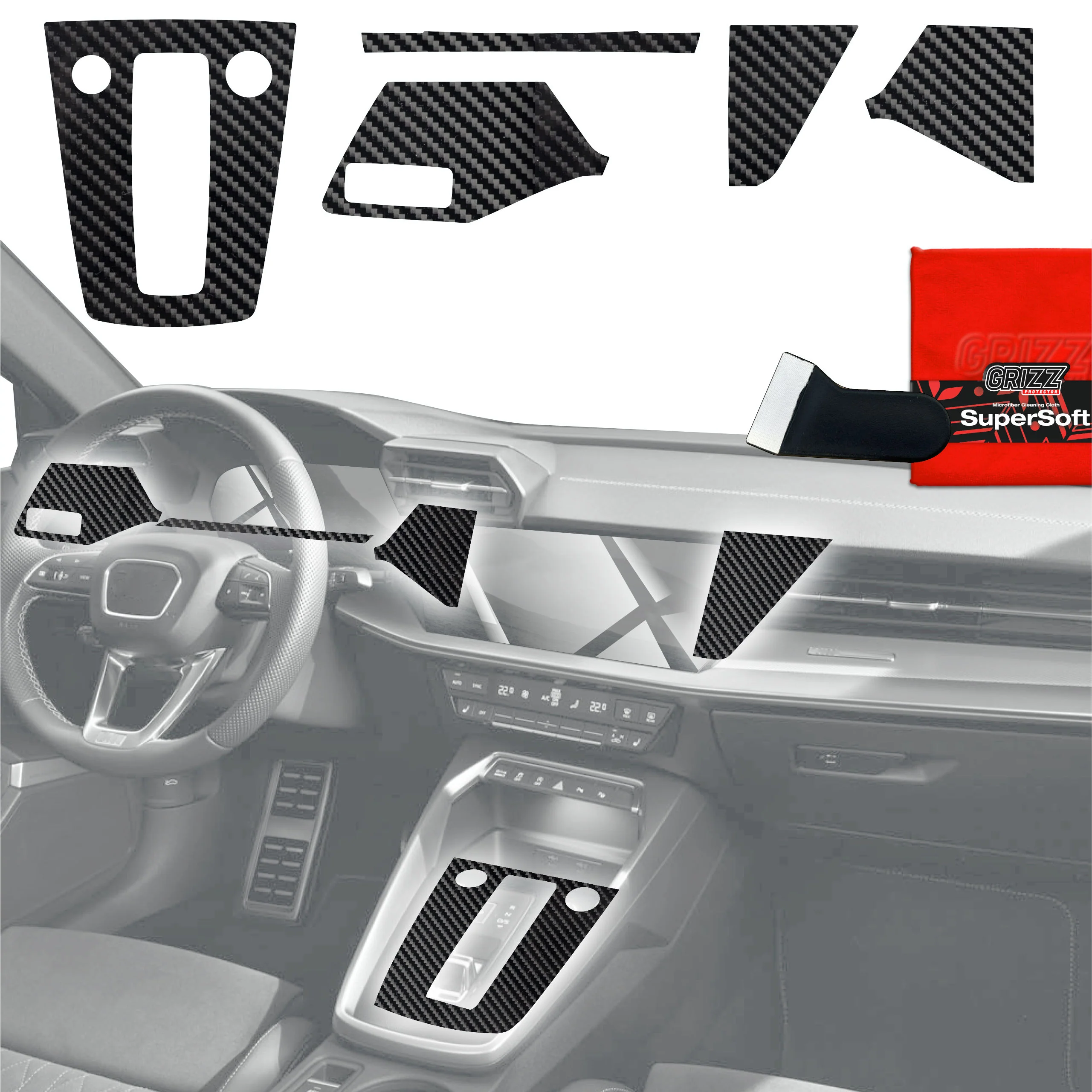 5in1 Schutzfolien für Mittelkonsole & Armaturenbrett - Audi S3 8Y (2020-2025) Carbon Optik Glanz