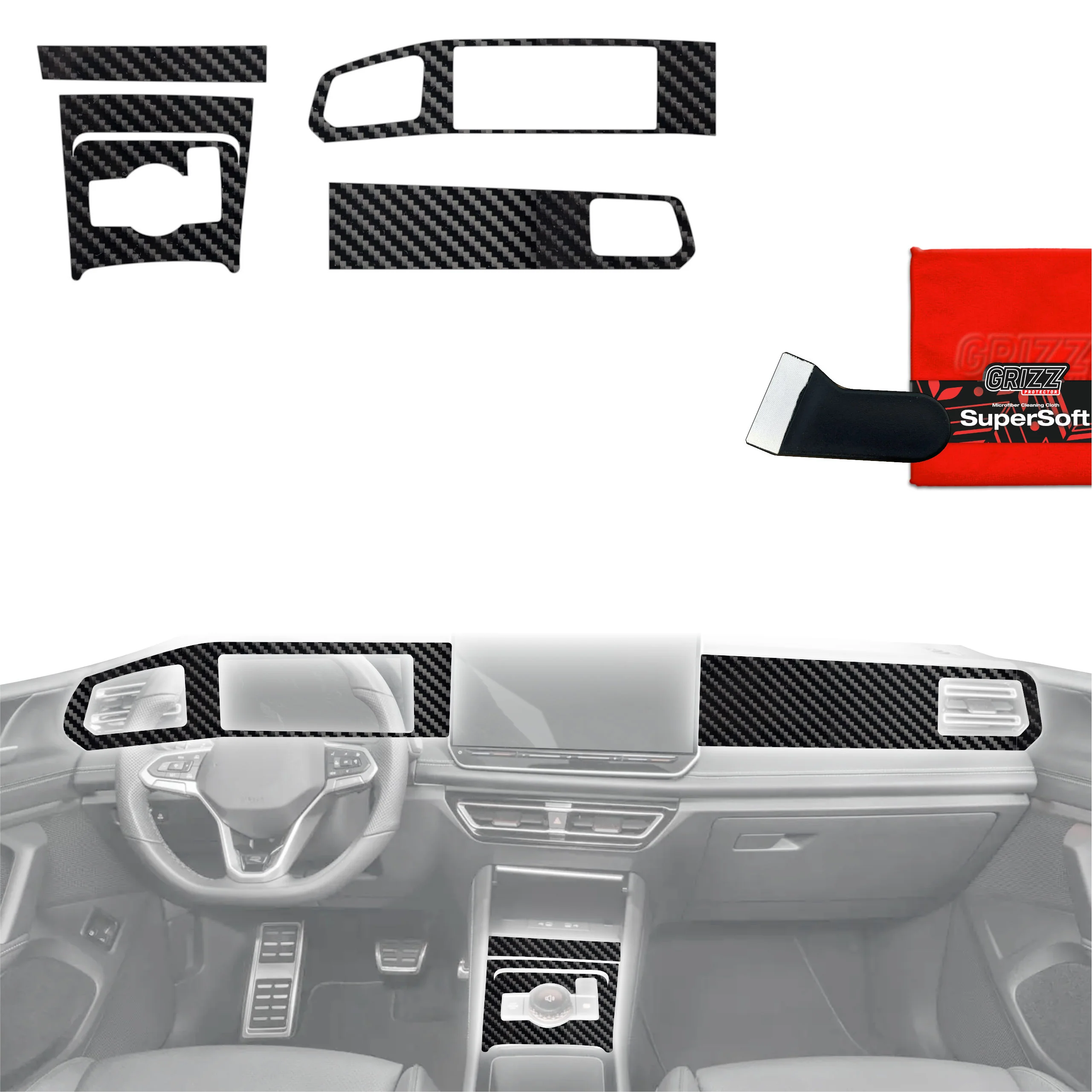 5in1 Schutzfolien für Mittelkonsole & Armaturenbrett - Volkswagen Tiguan 3 (2024-2026) Carbon Optik Glanz