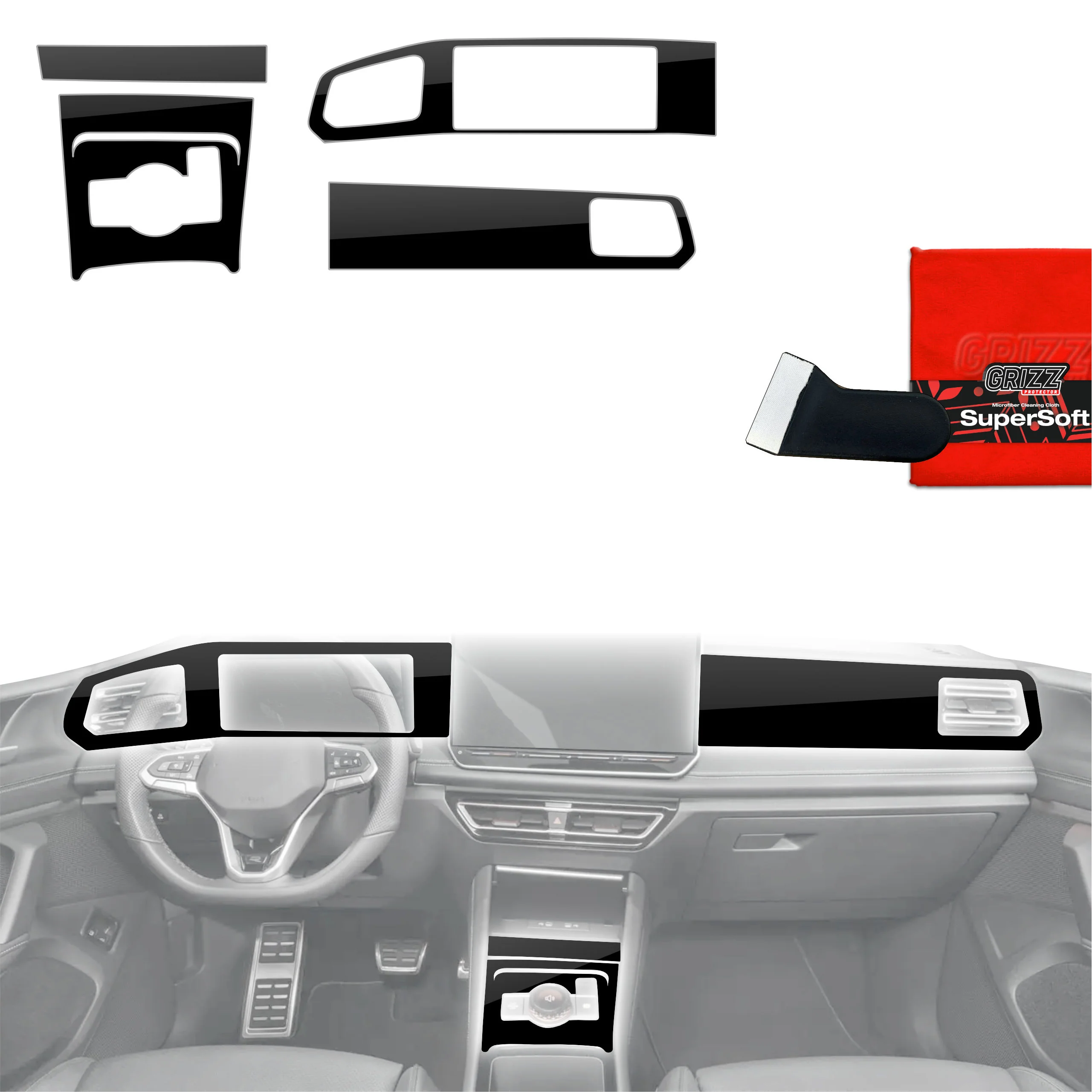 5in1 Schutzfolien für Mittelkonsole & Armaturenbrett - Volkswagen Tiguan 3 (2024-2026) Schwarz Glanz