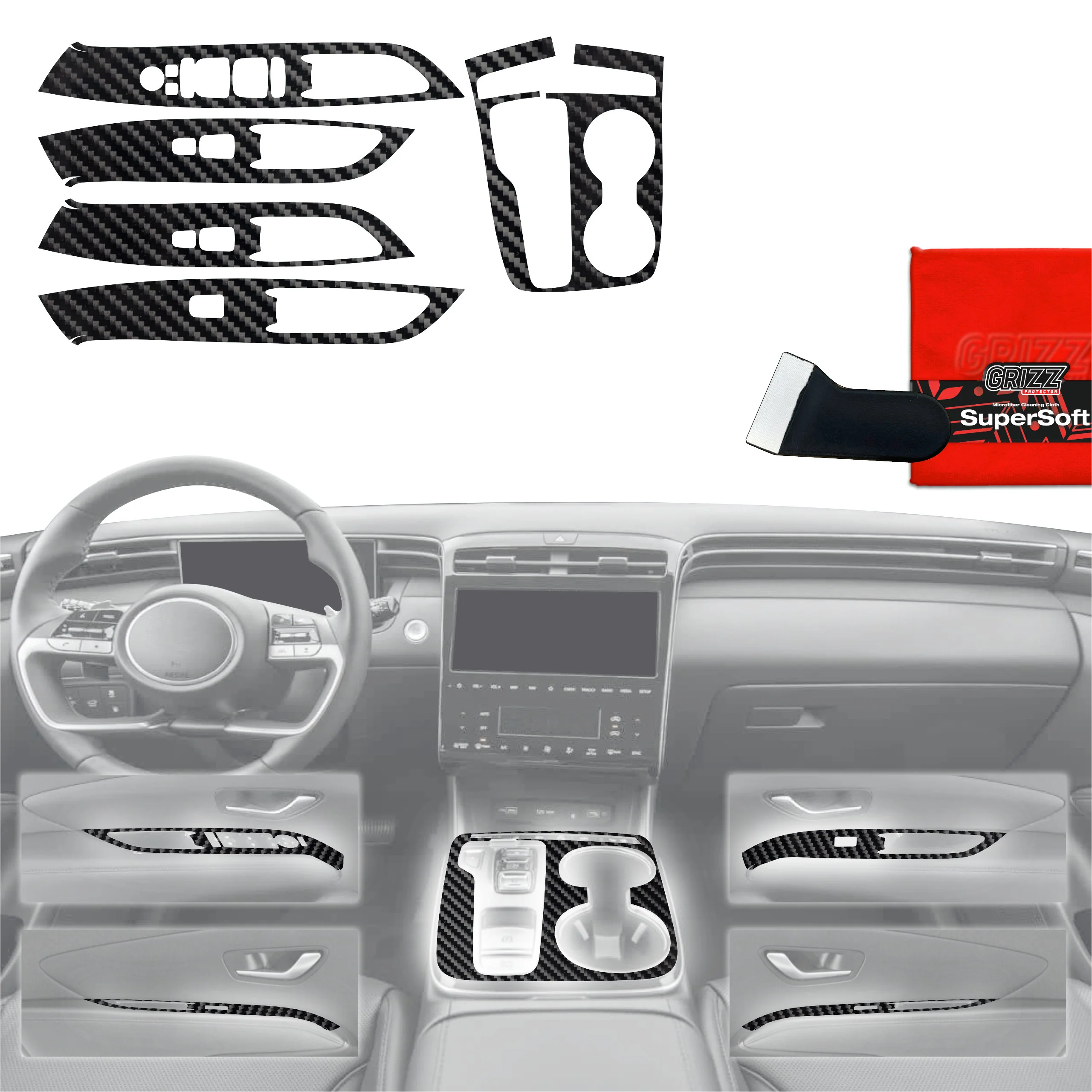 5in1 Schutzfolien für Mittelkonsole - Hyundai Tucson N-Line (2021-2024) Carbon Optik Glanz