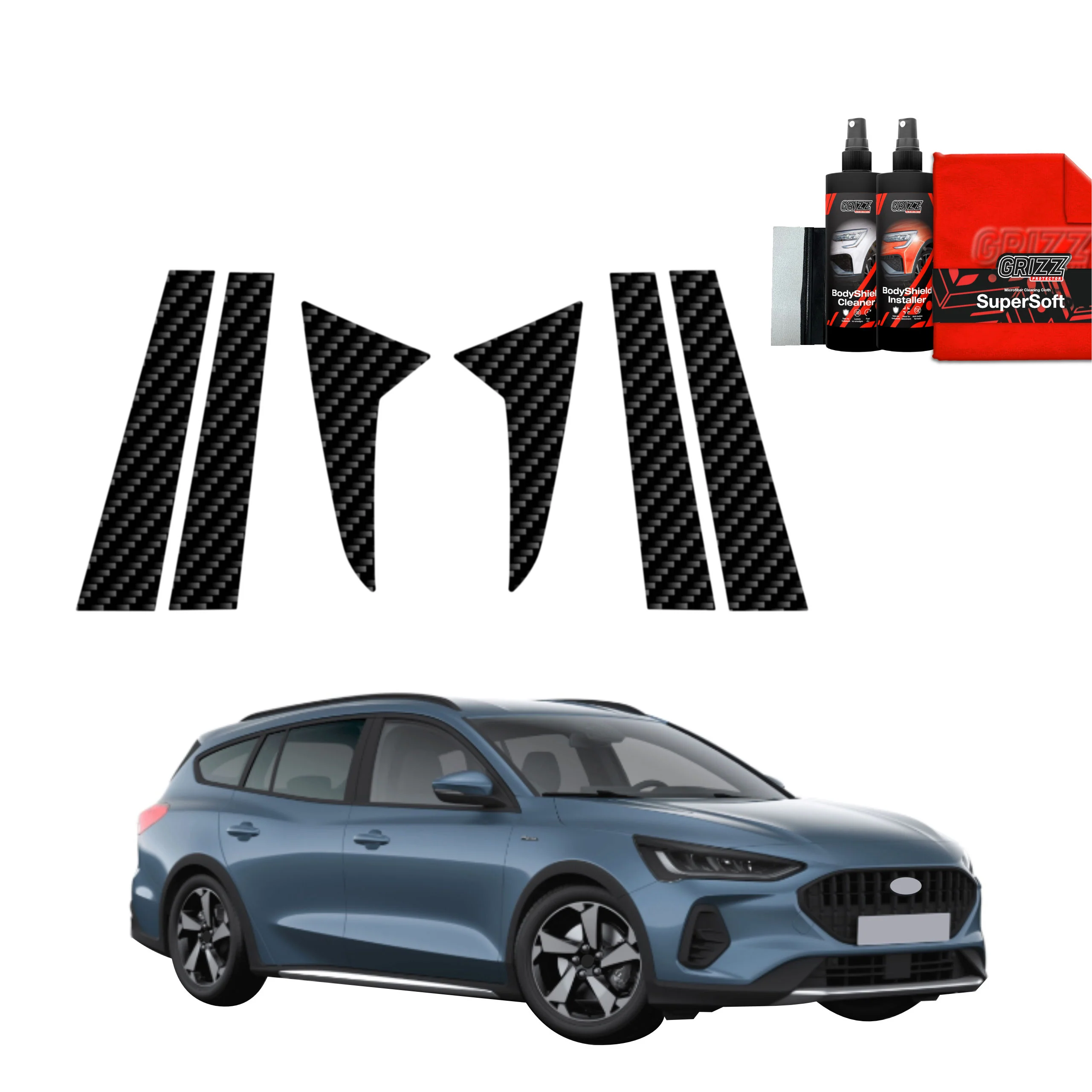 6in1 Kohlenstoff Schutzfolie fĂŒr B-SĂ€ule - Ford Focus Active X Kombi Facelift (2021-2025)