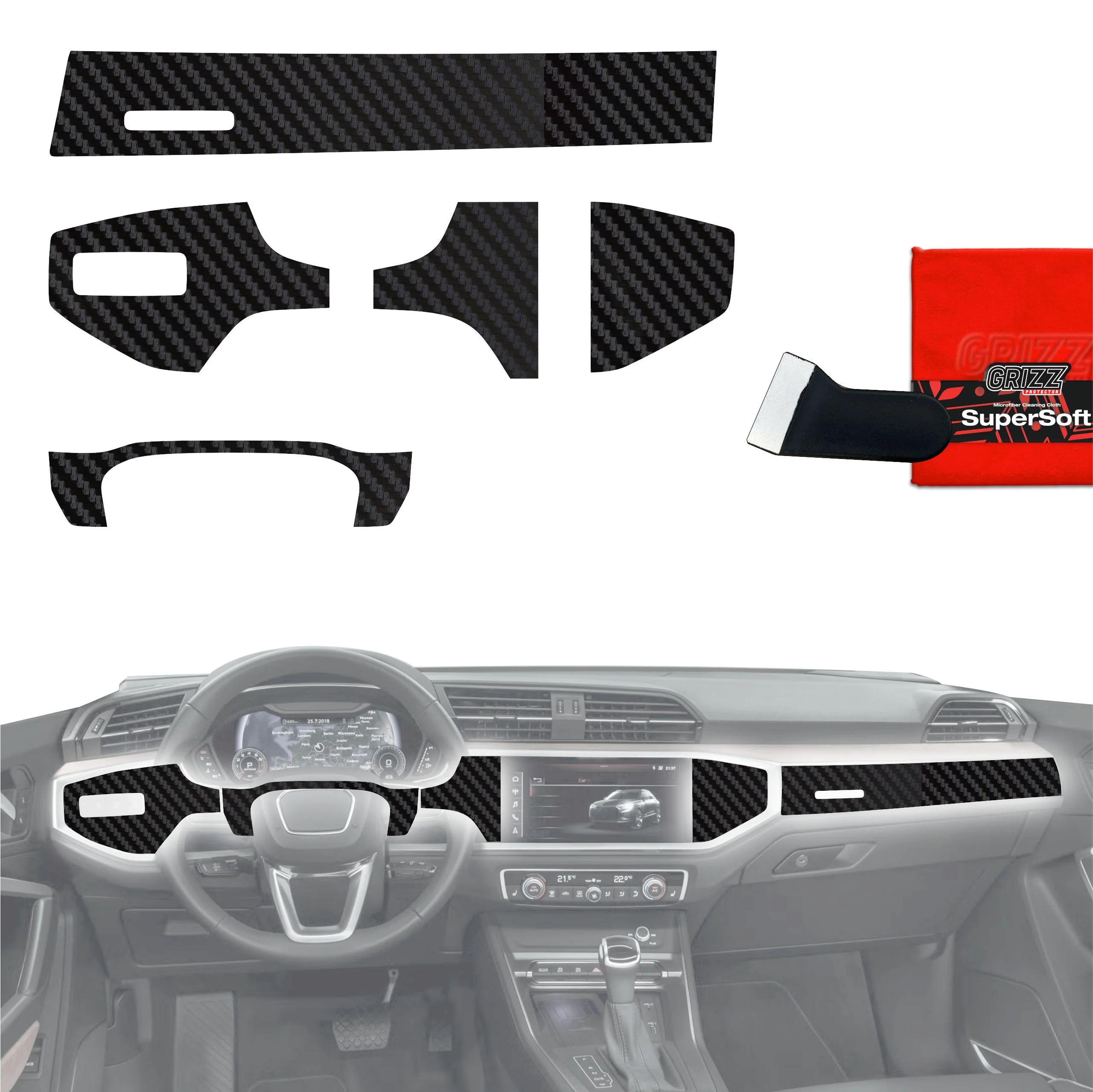 6in1 Schutzfolien für Mittelkonsole & Armaturenbrett - Audi Q3 (2018-2025) Carbon Optik Matt Antifingerprint