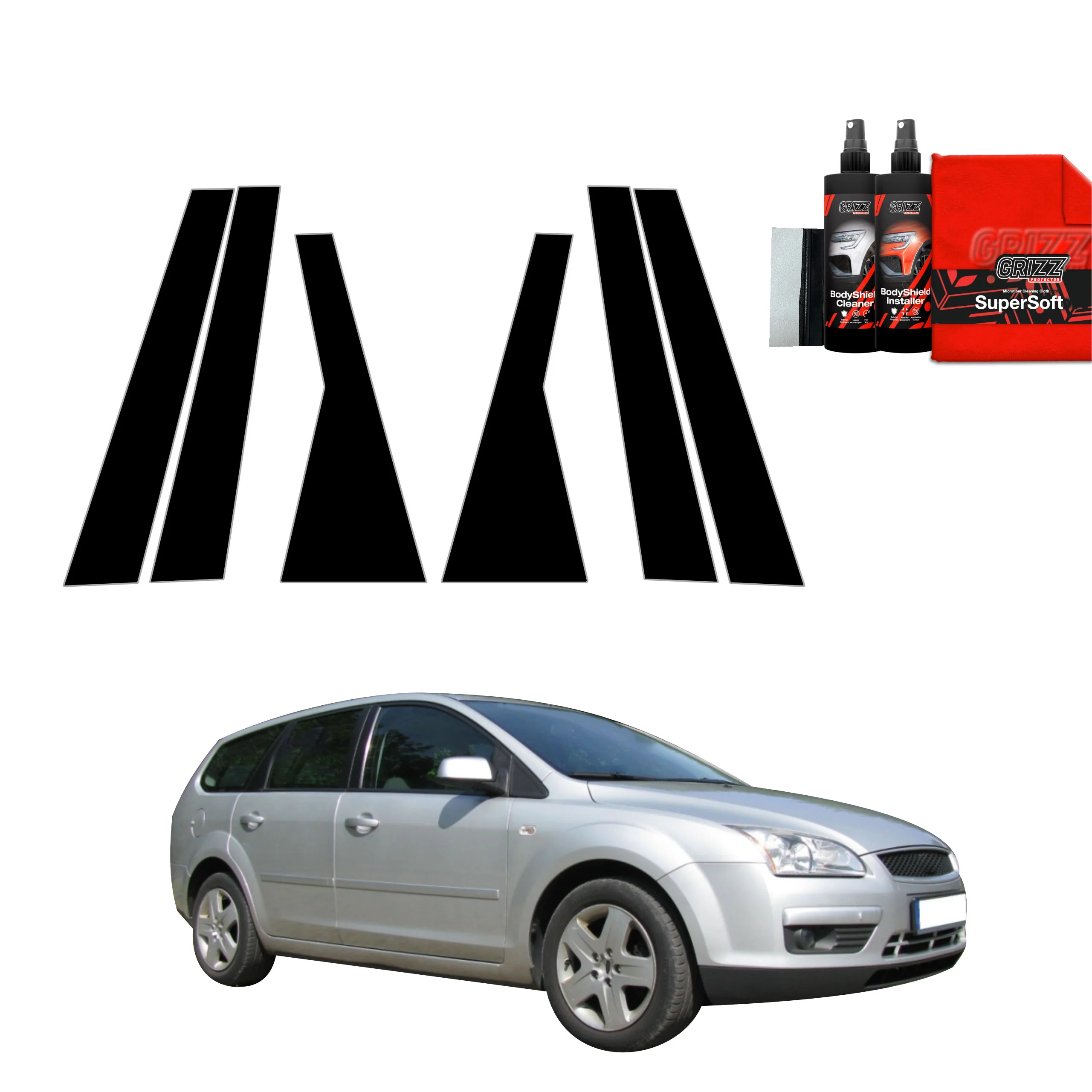 6in1 Schwarze Schutzfolie für B-C-Säule - Ford Focus Mk2 Kombi (2004-2007)