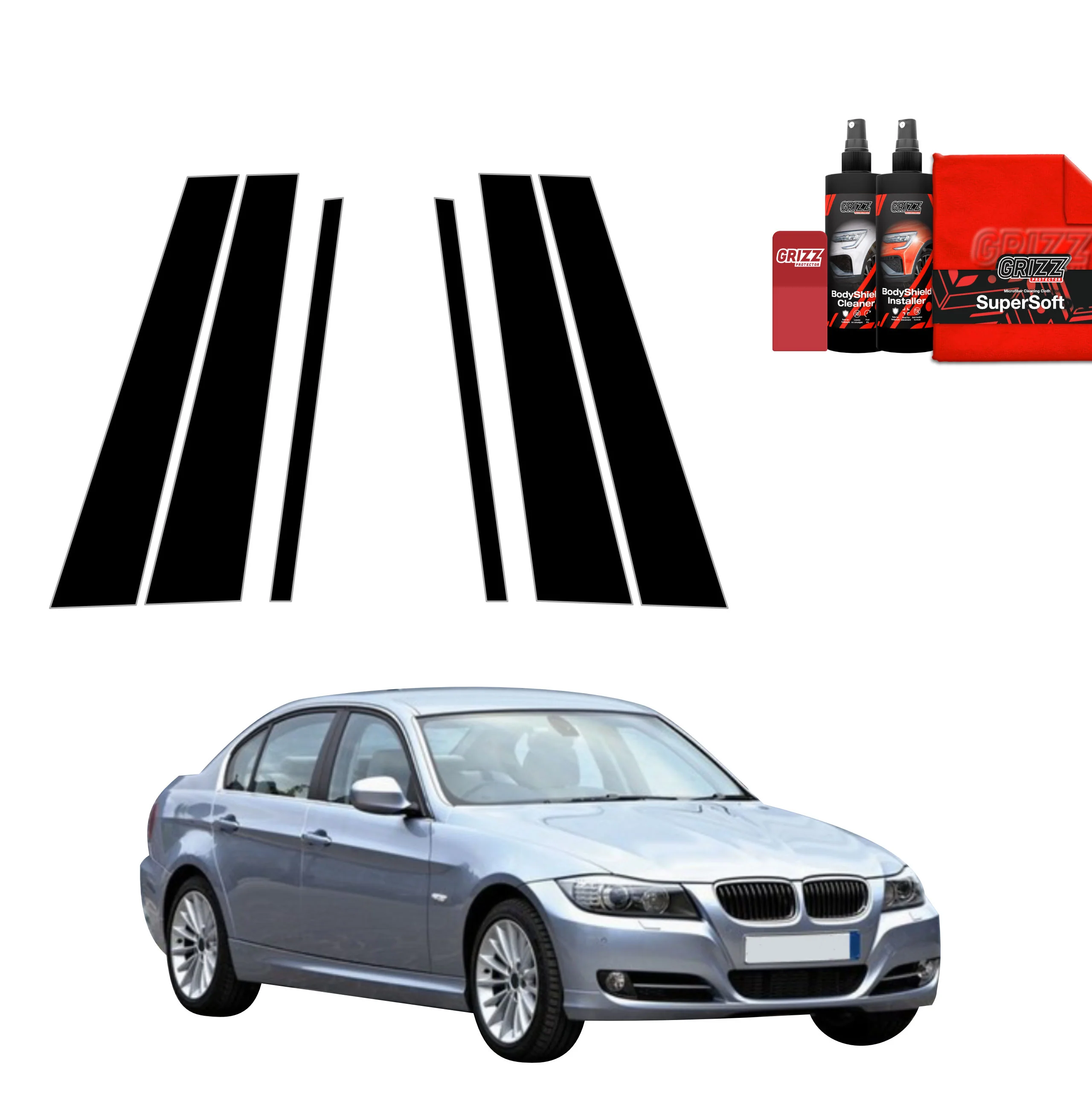 6in1 Schwarze schutzfolie für B-C-Säule - BMW 3 E90 Sedan Pre-LCI (2004-2008)