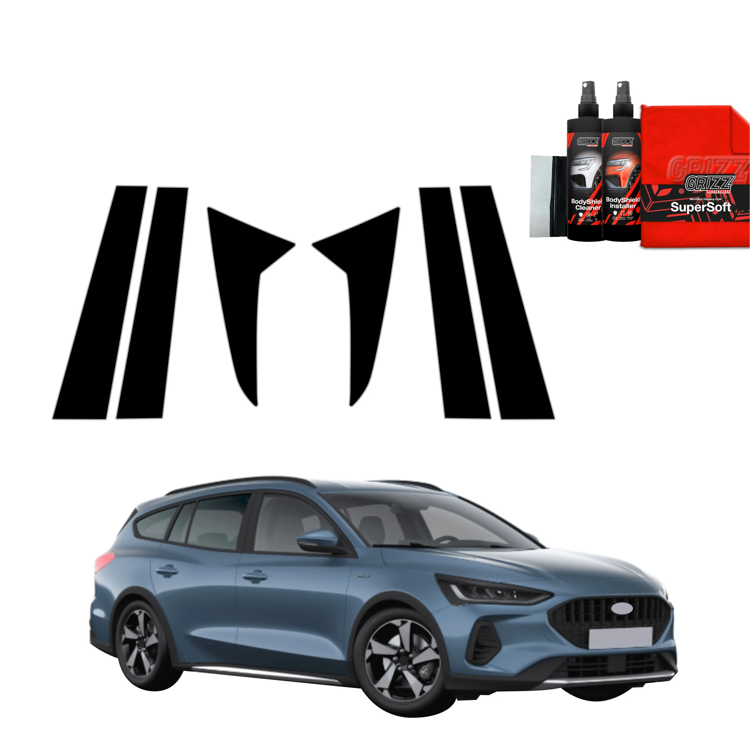 6in1 Schwarze Schutzfolie für B-Säule - Ford Focus Active X Kombi Facelift (2021-2025)