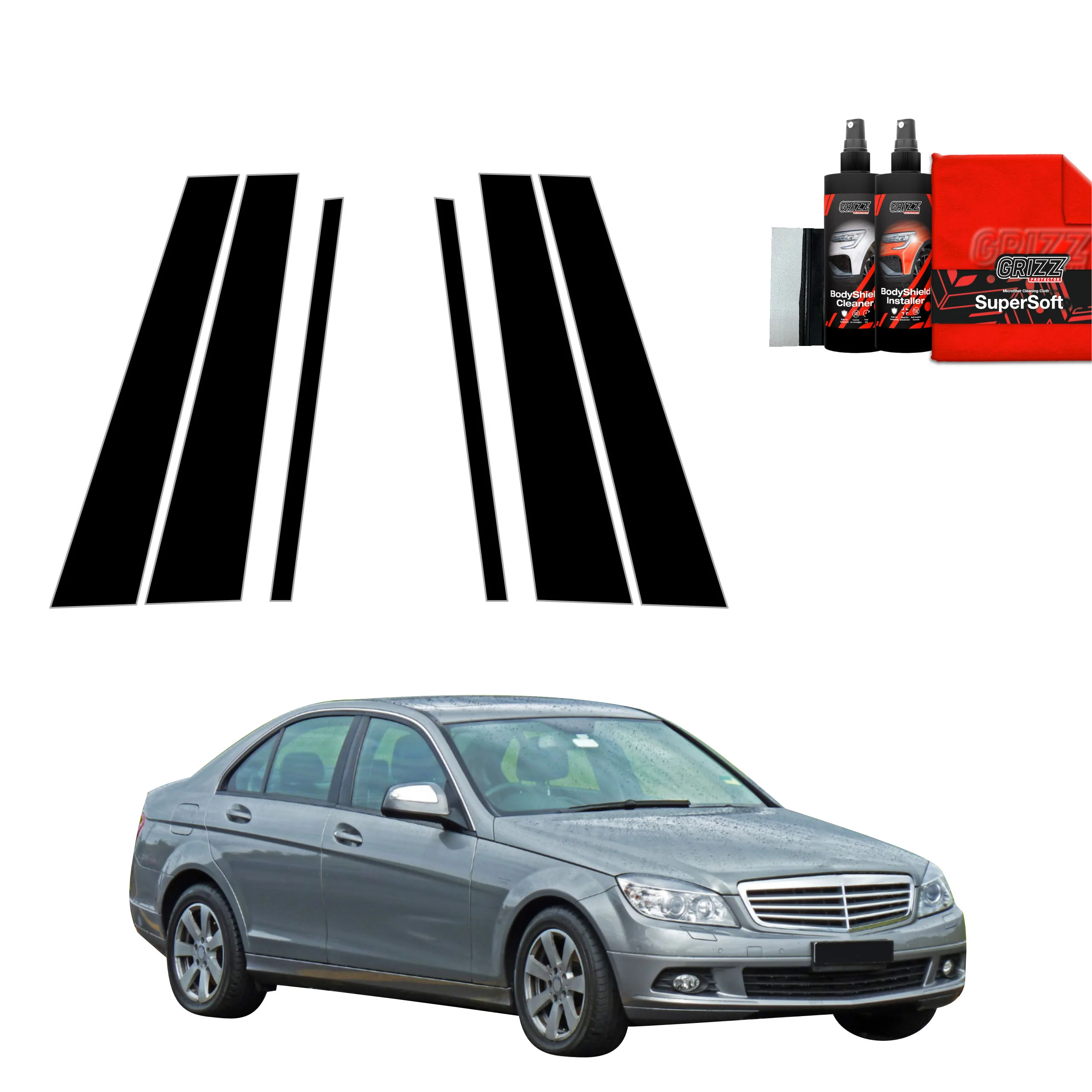 6in1 Schwarze Schutzfolie für B-C-Säule - Mercedes Benz C Klasse W204 Sedan (2007-2011)