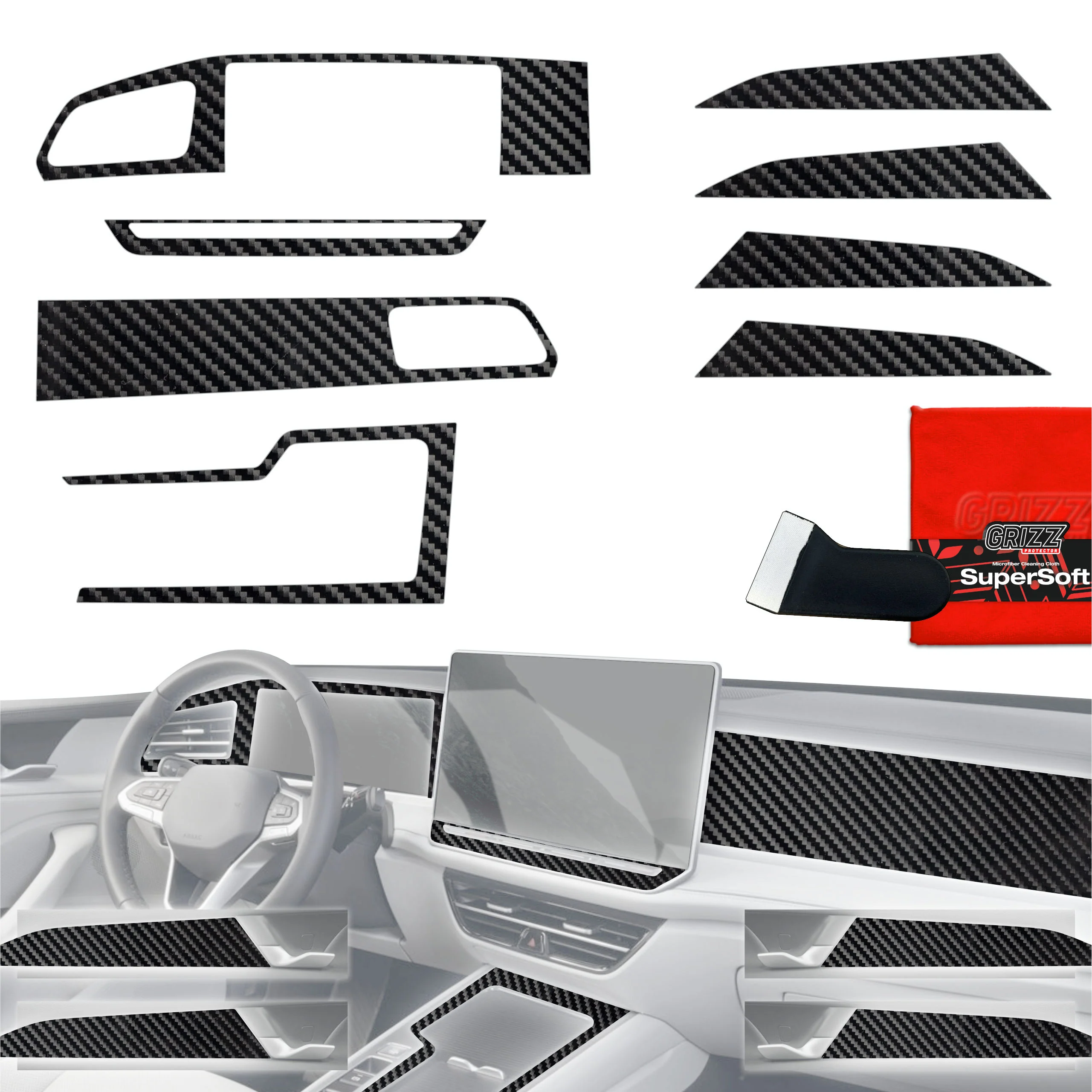 8in1 Schutzfolien für Mittelkonsole & Armaturenbrett - Volkswagen Passat B9 12,9" (2024-2026) Carbon Optik Glanz