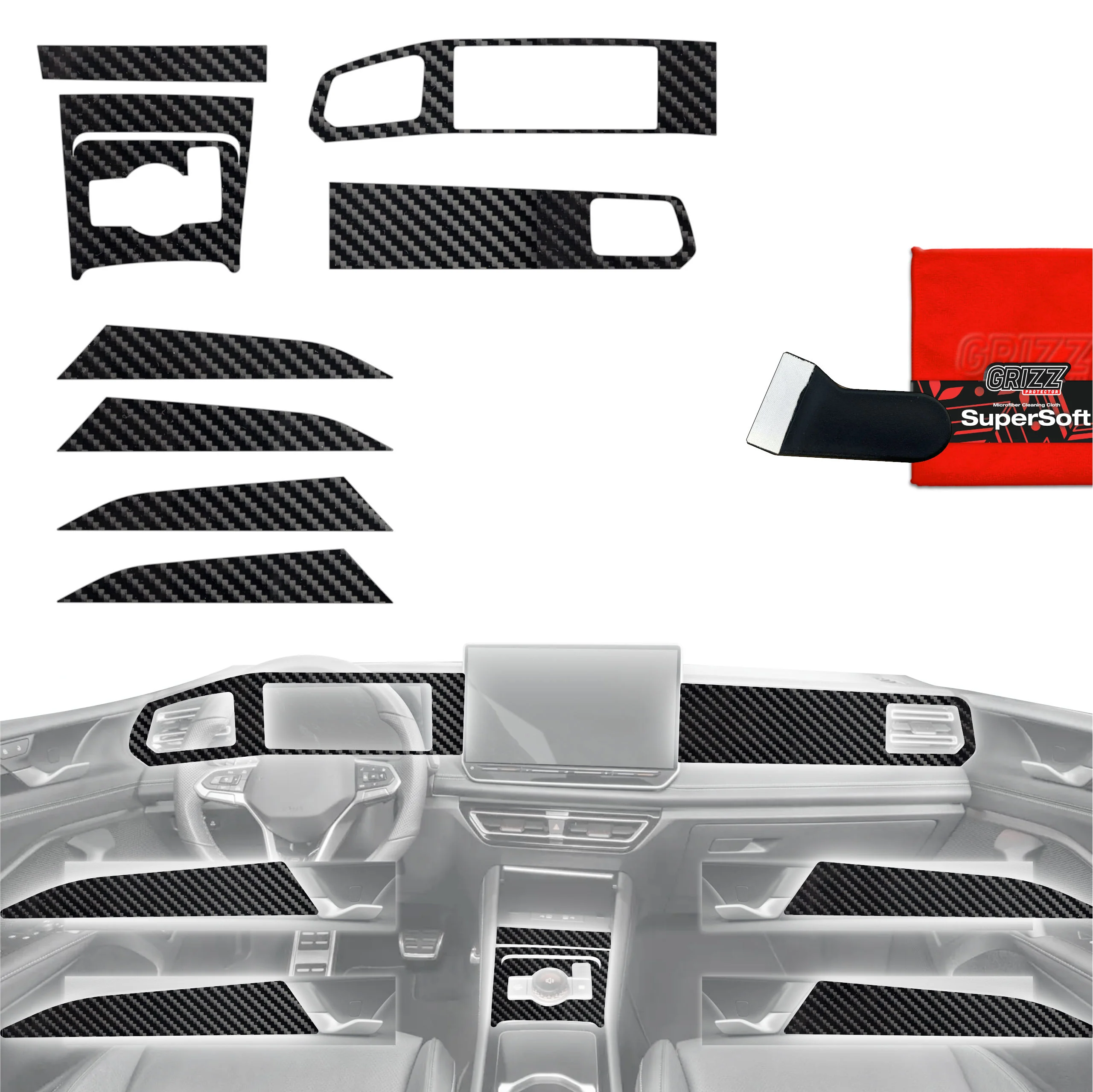8in1 Schutzfolien für Mittelkonsole & Armaturenbrett - Volkswagen Tiguan 3 (2024-2026) Carbon Optik Glanz