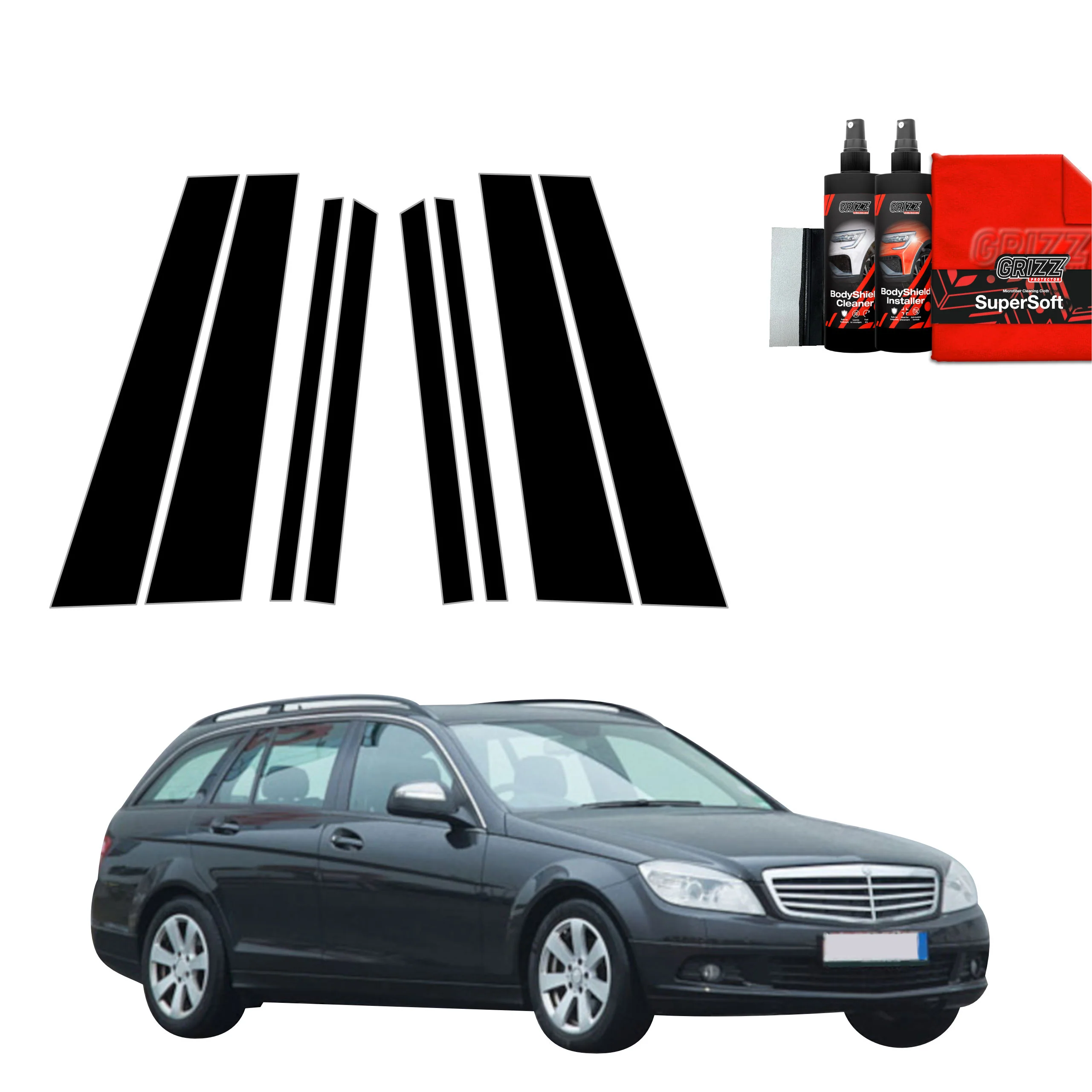 8in1 Schwarze Schutzfolie für B-C-Säule - Mercedes Benz C Klasse S204 Kombi (2007-2011)