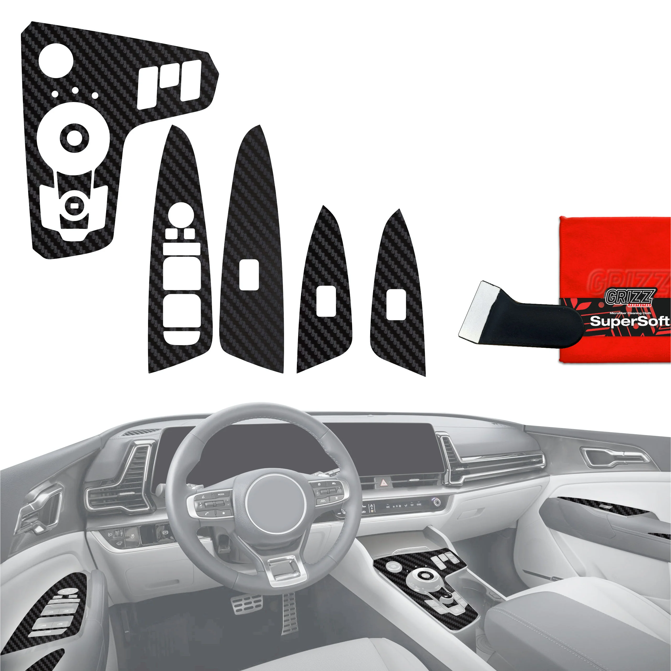 9in1 Schutzfolien für Mittelkonsole & Armaturenbrett - Kia Sportage 5 Keyless (2021-2024) Carbon Optik Matt Antifingerprint