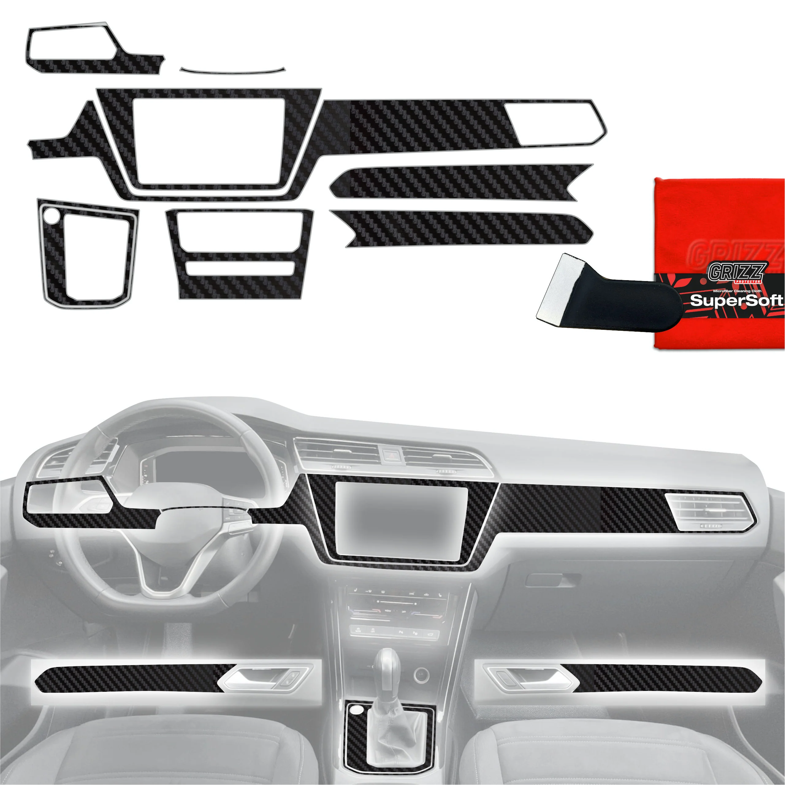 9in1 Schutzfolien für Mittelkonsole & Armaturenbrett - Volkswagen Touran Highline (2025-2026) Carbon Optik Matt Antifingerprint